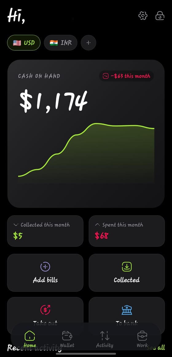 The Kept home screen with cash on hand, monthly trend and quick actions, in dark theme