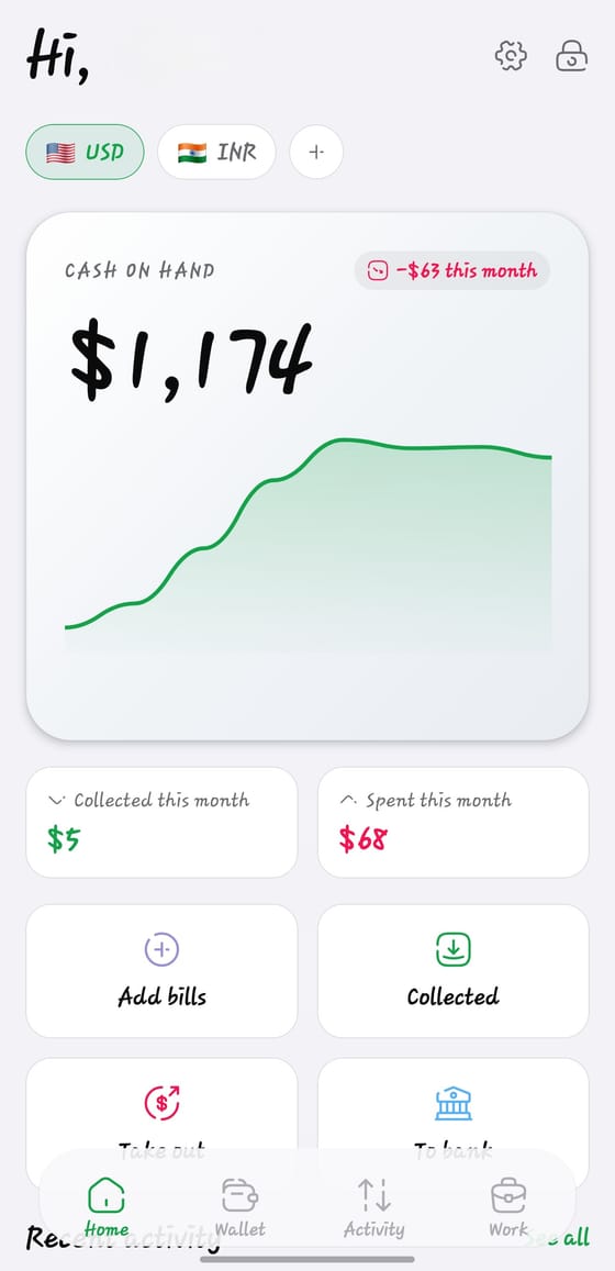 The Kept home screen with cash on hand, monthly trend and quick actions