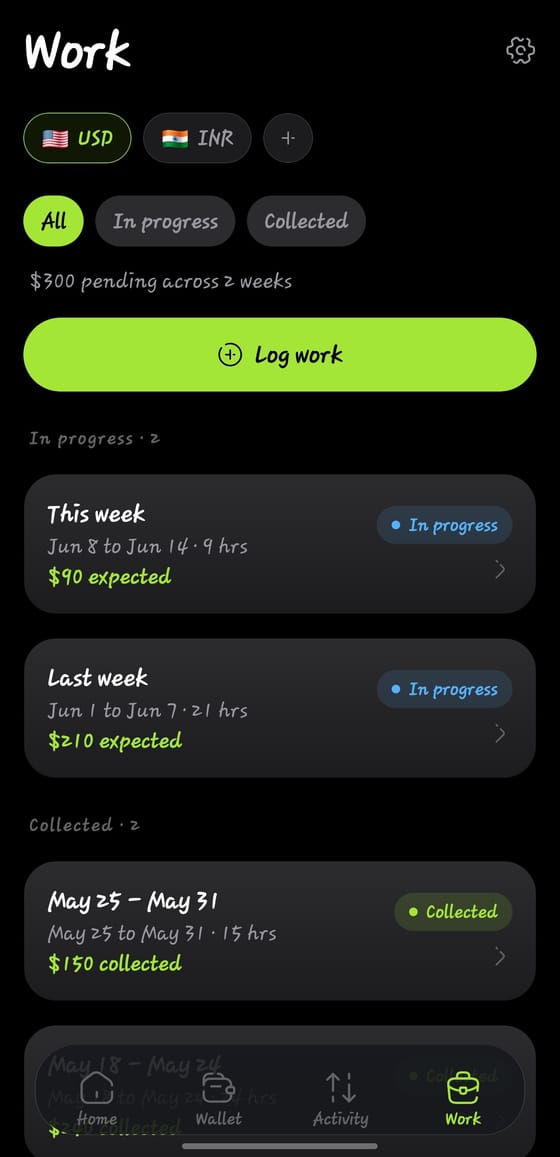 The Work screen tracking shifts, gigs and collected pay, in dark theme