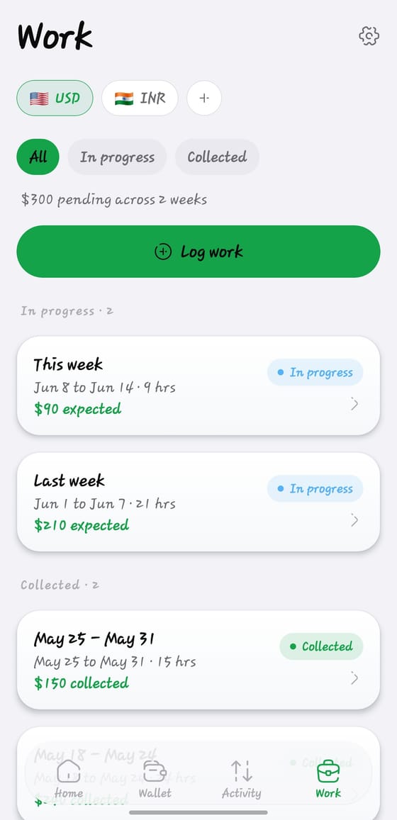 The Work screen tracking shifts, gigs and collected pay